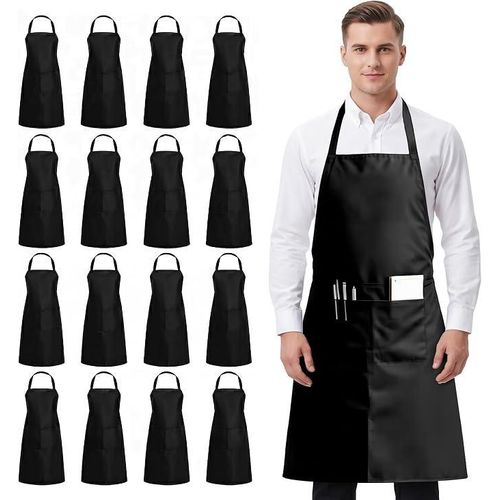 Generic 16 Pack Black Bib Apron, Waterd Resistant Unisex Aprons Bulk with 2 Pockets