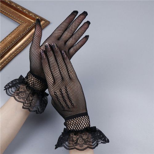 Fashion Women Black White Summer Uv_proof Driving Gloves Mesh Fishnet  Gloves Lace Mittens Full Finger Girls Lace Fashion Gloves(#Black 2)