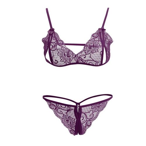 Fashion Sexy Women Sheer Lace Bra Panties Thong Lingerie Set Nightwear  Purple