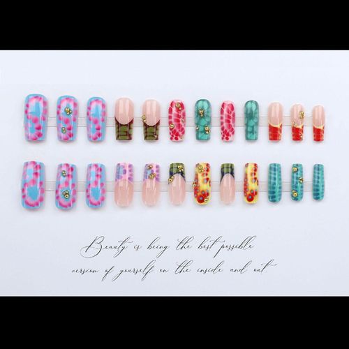 Generic 24Pcs Medium Square Multicolor Blotched Leopard Print Gold Bead Trendy Y2K Style Press On Nails - image 2