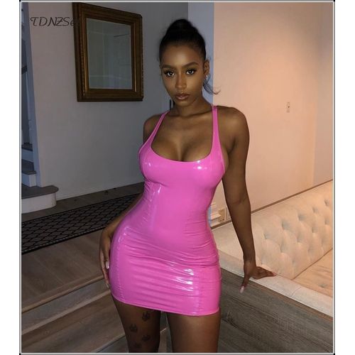 Fashion (Pink)PU Patent Leather Sheath Tank Dress Women Short Mini Low Cut  Slim PVC Latex Nightclub Dresses Bodycon Package Hip Summer DOU