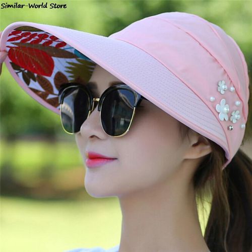 Fashion Wide Brim Beach Hat 1pc Women Sun Hats For Summer Pearl Packable UV  Protection Female Caps Sun Visor Hat With Big Heads