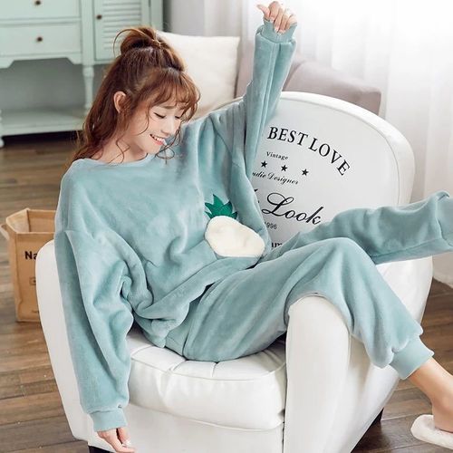 Fashion Women Pajama Set Autumn Winter Pajamas Fnel Cartoon Thicken Warm  Long Sleeve Women Sleepwear 2 Pieces Suit Homewear