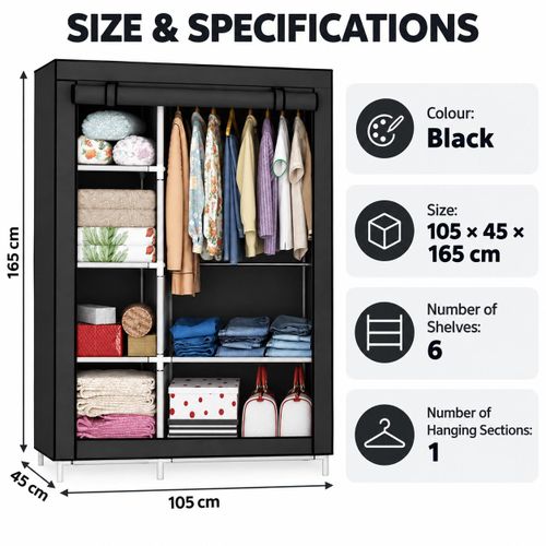 LM  Fabric Wardrobe – 6‑shelf & 1 hanging‑rod design, dust‑proof zipper cover, steel‑tube frame large‑capacity closet  - Black - image 7