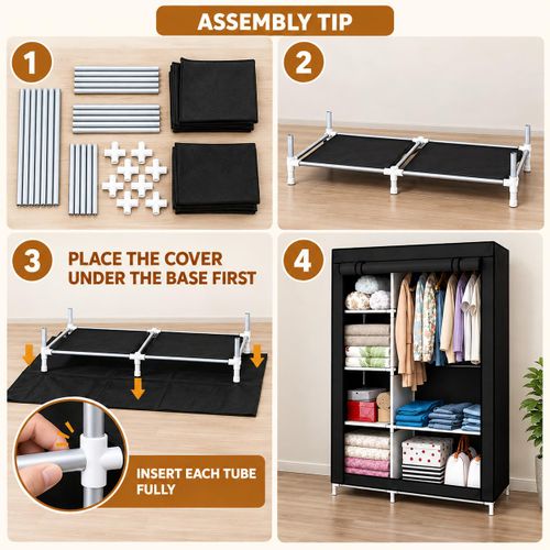 LM  Fabric Wardrobe – 6‑shelf & 1 hanging‑rod design, dust‑proof zipper cover, steel‑tube frame large‑capacity closet  - Black - image 8