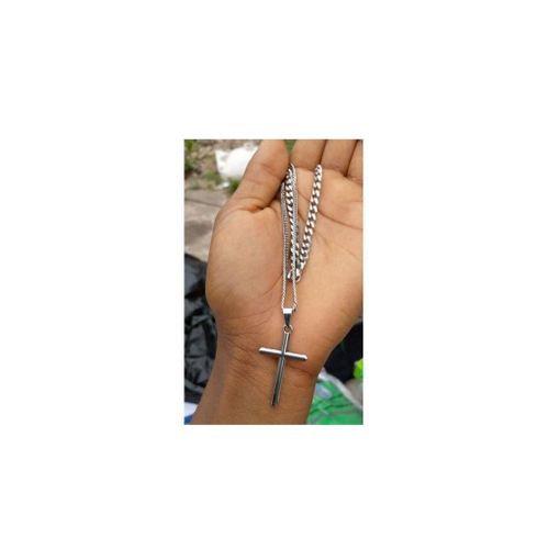 product_image_name-Fashion-Cuban Link Chain With Cross Pendant Silver-1