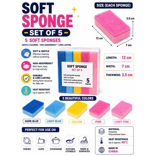 Generic Soft Kitchen Cleaning Sponge Set - 5 Pieces Multi-Color Soft Foam Sponges For Dishes, Cups, Cookware & Kitchen Cleaning - image 2