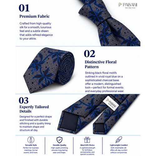 PABANI Pabani Premium Grey Blue Floral Pattern Mens Silk Tie For Corporate Wear - image 3