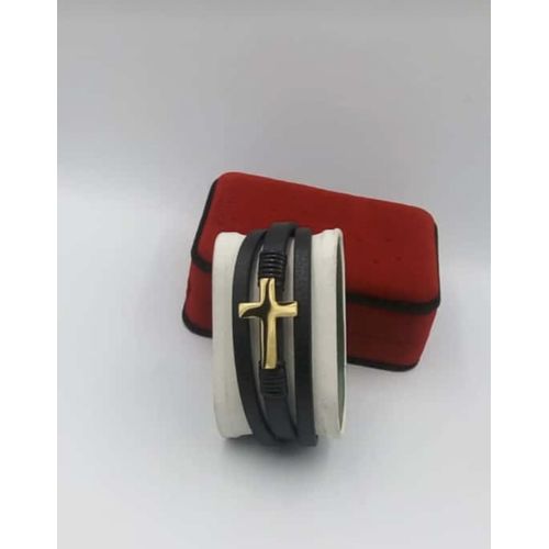 Fashion Black Leather Bracelet With Gold Cross