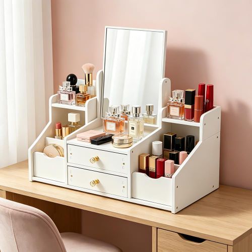 Generic Makeup Organizer with 360° Rotating Mirror, Multi-Compartment Cosmetic Storage Box with Drawers