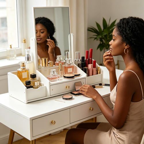 Generic Makeup Organizer with 360° Rotating Mirror, Multi-Compartment Cosmetic Storage Box with Drawers - image 4