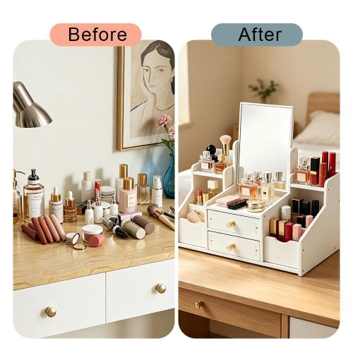Generic Makeup Organizer with 360° Rotating Mirror, Multi-Compartment Cosmetic Storage Box with Drawers - image 5