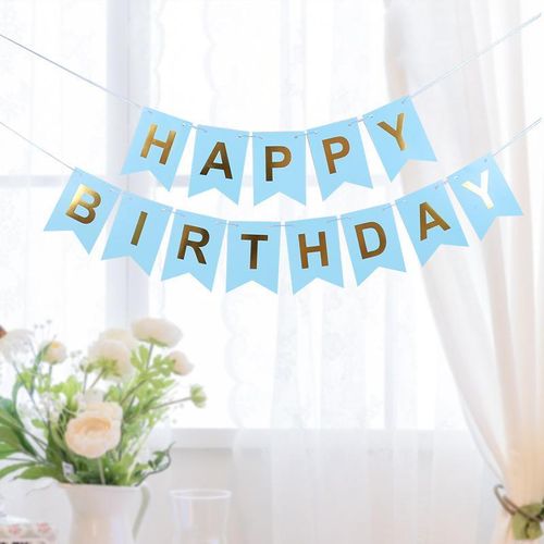 product_image_name-Generic-20×14cm Happy Birthday Banner/Paper Banner And Ribbon String/Rope(Blue&Gold)-1