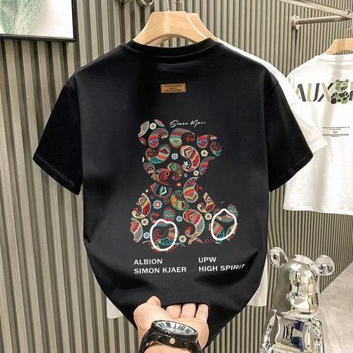 product_image_name-Fashion-Summer  Heavyweight Men's English Letter 100% Cotton Bear Print Round Neck High Quality Casual Fitness T-shirt-1