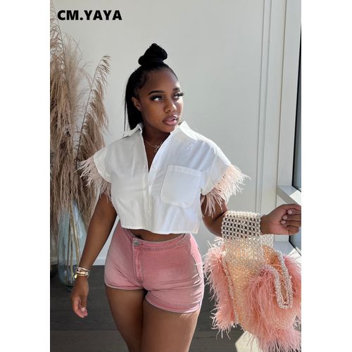 Fashion (Pink) Elegant Women Two 2 Piece Set Outfits Sweatsuit 2022 Summer  Feather Patchwork Short Sleeve Shirt And Shorts Matching Set JIN