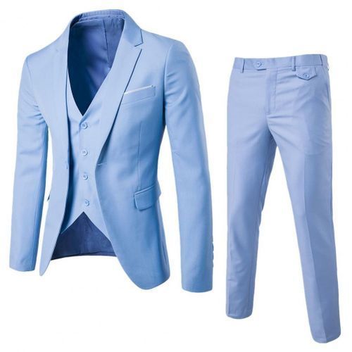 Fashion Men Wedding Suit Slim Business Office Pants Single-breasted Male Korean  Style Jacket Zipper Fly Trousers Light Blue