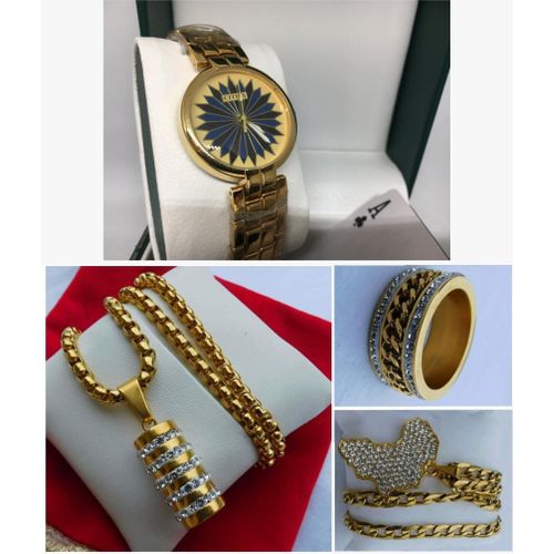 product_image_name-Fashion-Classic Timeless Gold Steel Timepiece/Wristwatch With Ring & Necklace Sets-1