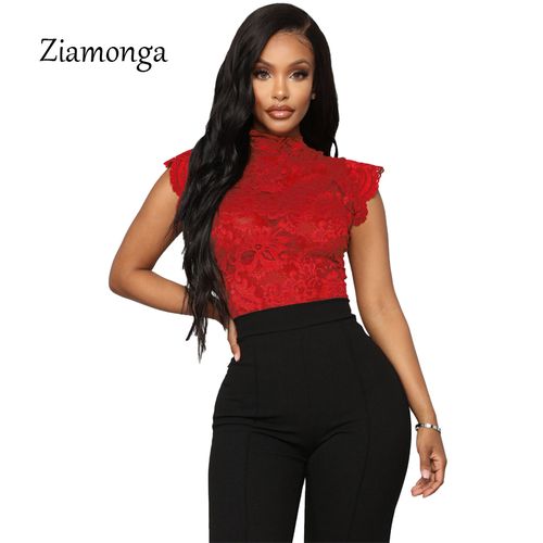 Fashion Short Sleeve Floral Lace Bodysuit Women Turtleneck Hollow Out  Bodysuits Feminine Transparent Body Tops-Black