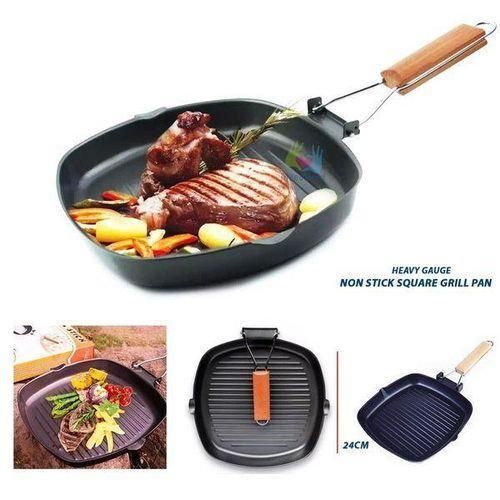 Generic Non-Stick Square Grill Pan with Foldable Wooden Handle - 24CM - 1 piece
