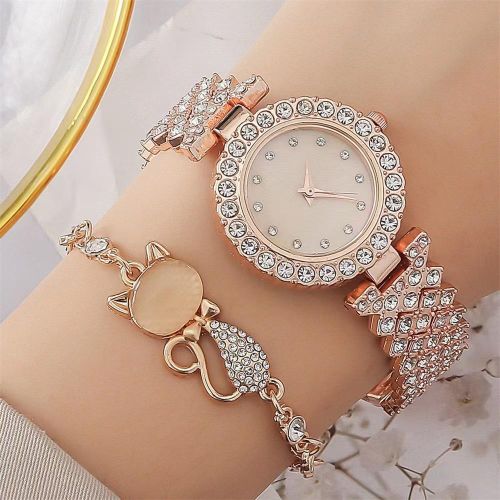 Fashion 2 In1 Watch Fashion Rhinestone Wrist Watch For Ladies+ Bracelet  Watch-Beige | Jumia Nigeria