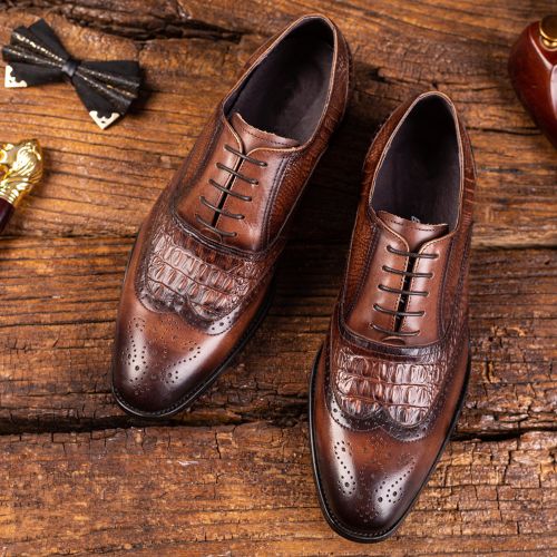 Fashion Crocodile Pattern Mens Bullock Leather Shoes Oxford Formal