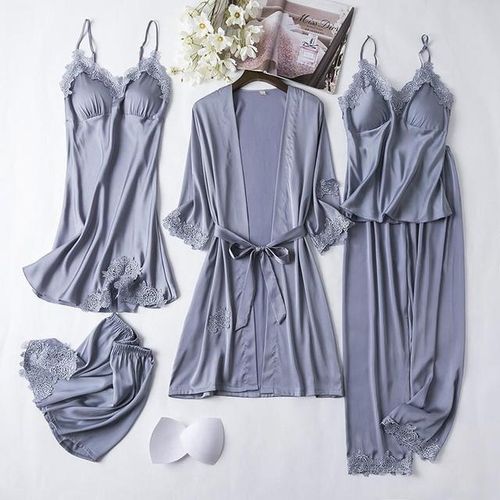 Fashion Sexy Full Slip Lace White Silk Pajamas Set Women 5pcs Chemise Bride  Pajamas Set