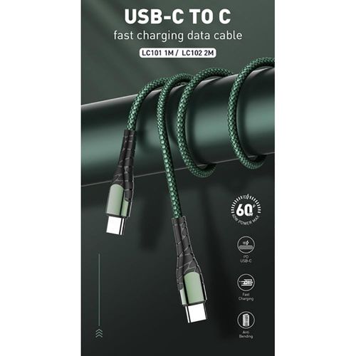 LDNIO LC102 Type C to Type C PD USB Cable Output 65W Fast Charging Data Cable GREEN
