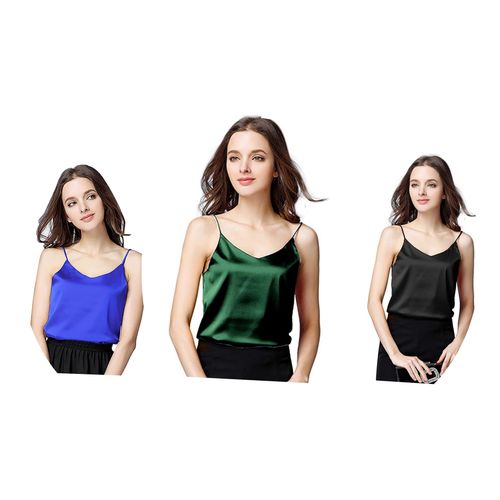 ROV D'Clothier 3Sets Of Women's Satin Silk Tank Top V-Neck Blouse Camisole  Loose Sleeveless Shirt Blue,Black,Green
