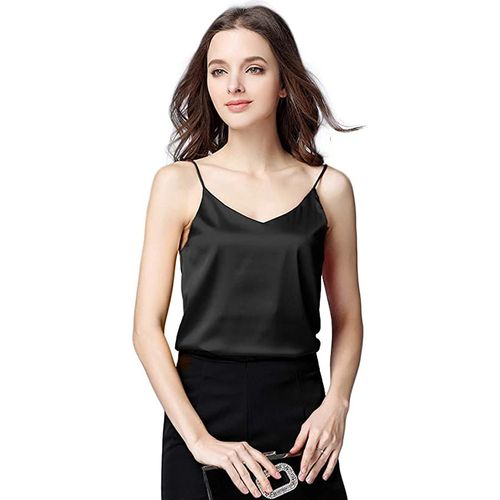 ROV D'Clothier 3Sets Of Women's Satin Silk Tank Top V-Neck Blouse Camisole  Loose Sleeveless Shirt Blue,Black,Green