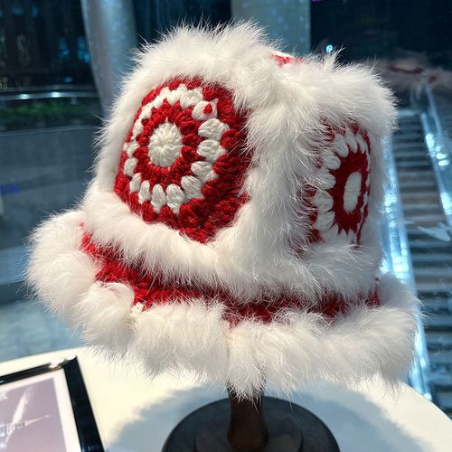 Fashion （Red）Foux Bucket Hat Women Winter Furry Rabbit Hair Knit Keep Warm  Color Block Tibetan National Style Design Lion Dance Tiger Manual DON