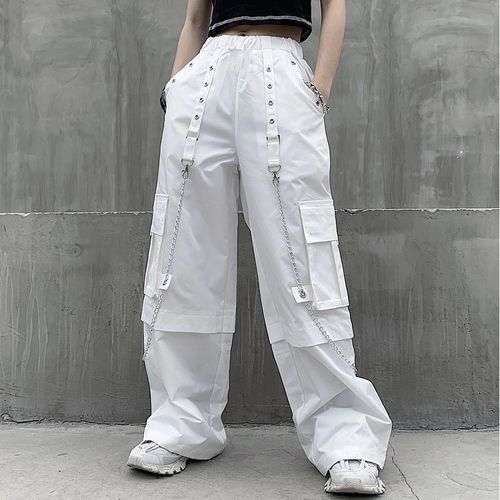 Women's Black & White Lycra Regular Cargos