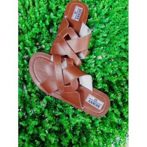 Men's Cross Leather Palm Slippers With Buckle Detail - Brown