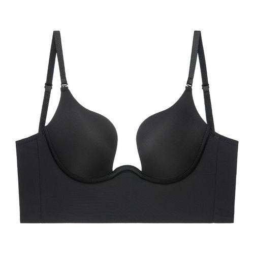 Fashion Women Sexy Push Up Bra Backless Low Cut Plunge Brassiere Open Back  Wedding Underwear Invisible Seamless Female Deep U Lingerie(#Black)