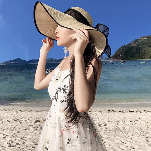Fashion （black Khaki）MAXSITI U Summer Straw Hats Wide Brim Bowknot Steamer Breathable  Sun Hat Women Hol RA