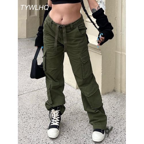 Fashion (Black)Army Green Cargo Pants Baggy Jeans Women Fashion Streetwear  Pockets Straight High Waist Casual Vintage Denim Trousers Overalls DOU