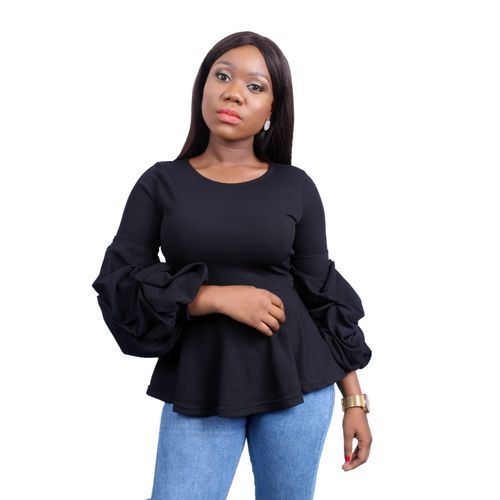 product_image_name-Fashion-Peplum Top With Ruched Sleeves - Black-1