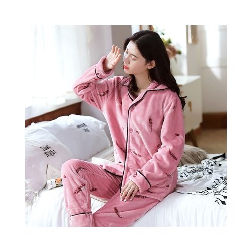 Fashion Winter Pajamas Set Women Sleepwear Warm Fnel Long Sleeves Pajamas  Pink Cute Animal Homewear Thick Home Suit