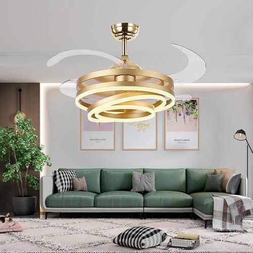 Generic Modern Luxury Gold Interlocking Ring LED Ceiling Fan Chandelier with Retractable Invisible Blades & Smart APP Control