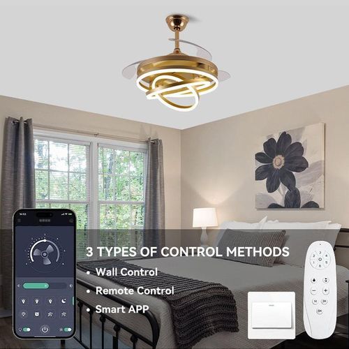 Generic Modern Luxury Gold Interlocking Ring LED Ceiling Fan Chandelier with Retractable Invisible Blades & Smart APP Control - image 2