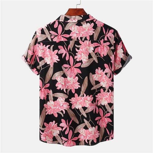 Generic Black Pink Floral Print Beach Aloha Shirts Men Camisa