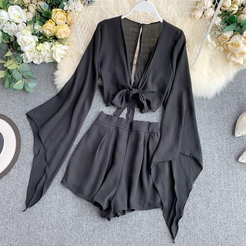 Fashion 2021 New Summer 2 Piece Outfits For Women Flare Sleeve Crop Top +  Broad-legged Shorts Fashion Ladies Sexy Solid Chiffon Suit Set JIN