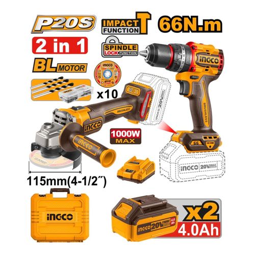 product_image_name-Ingco-20V Cordless Combo Kit – Angle Grinder + Brushless Impact Drill (2×4.0Ah Batteries)-1