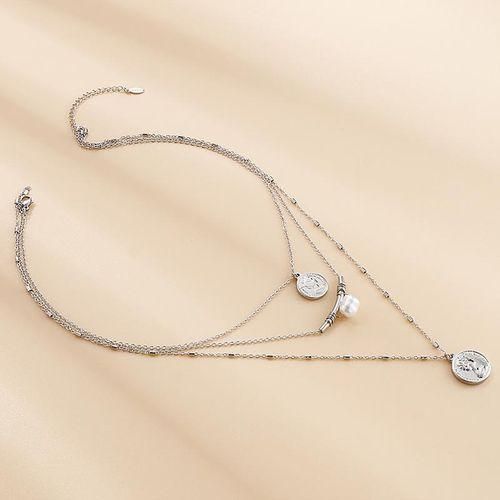 ONIBENZ Silver Stainless Steel Multi-Layered Necklace With Pearl & Queen Portrait Pendants