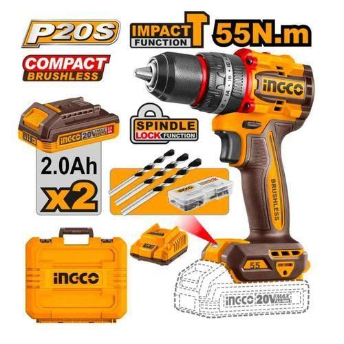Ingco  20v compact 55nm brushless drill + 2 batteries