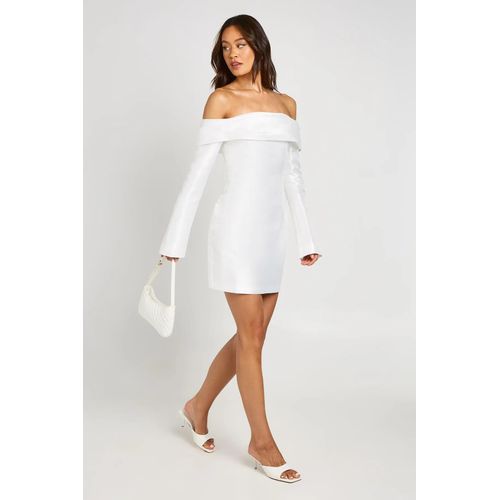 Fashion Tall Satin Structured Bardot Mini Dress - White Party Dress, Trendy Clubwear Bodycon Mini Dress for Women, Chic Ladies Night Out Dress S-XXXL