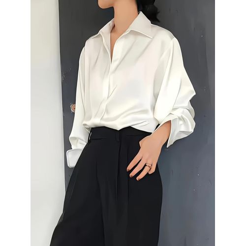 ROSA FERA Women Solid White Satin Lapel Long Cuffed Sleeve Oversized Loose Office Button Down Shirt - image 3