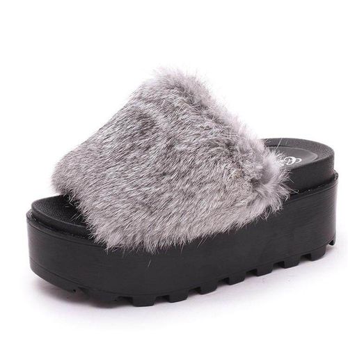 Grey Velvet Fur Heels Open Toe Chunky Heel Ankle Strap Sandals|FSJshoes