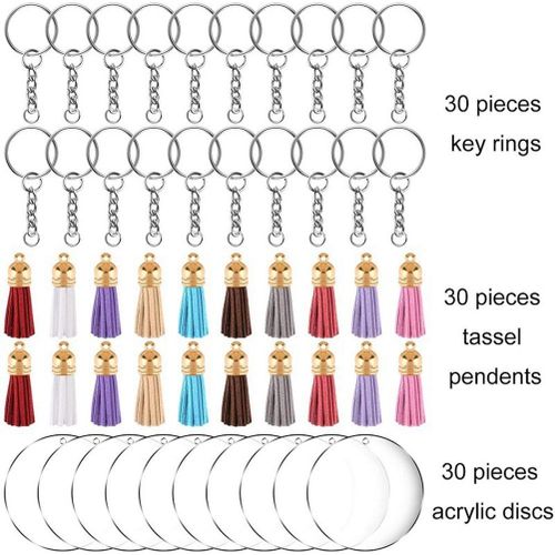 Xelparuc Clear Acrylic Keychain Blanks for Vinyl 120 Pcs Including 30pcs Acrylic Circle Discs,30pcs Keychain Tassels, 30pcs Key Chain Rings and 30pcs