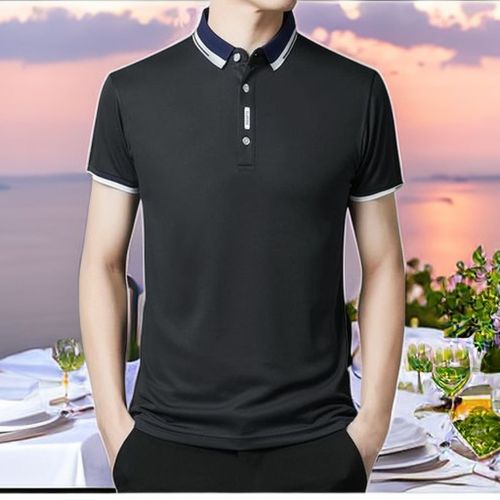 Fashion Men's Cotton Casual Short Sleeved Round Neck T-shirt Polo Shirt -  Black