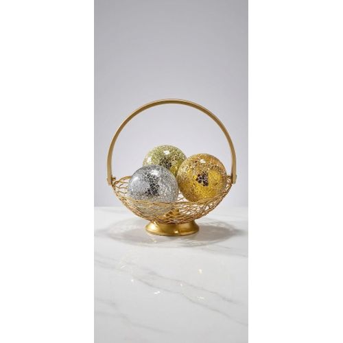 Generic Luxury Gold Wire Basket Centerpiece with 3 Crackle Mosaic Glass Spheres – Modern Table Decor - image 2